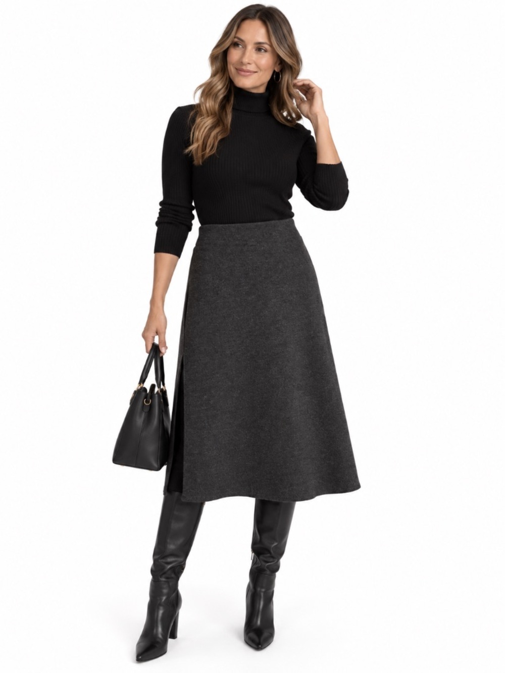 Charcoal Preppy Office Siren Pockets Back Zip A-Line Midi Skirt Approx. Size M
